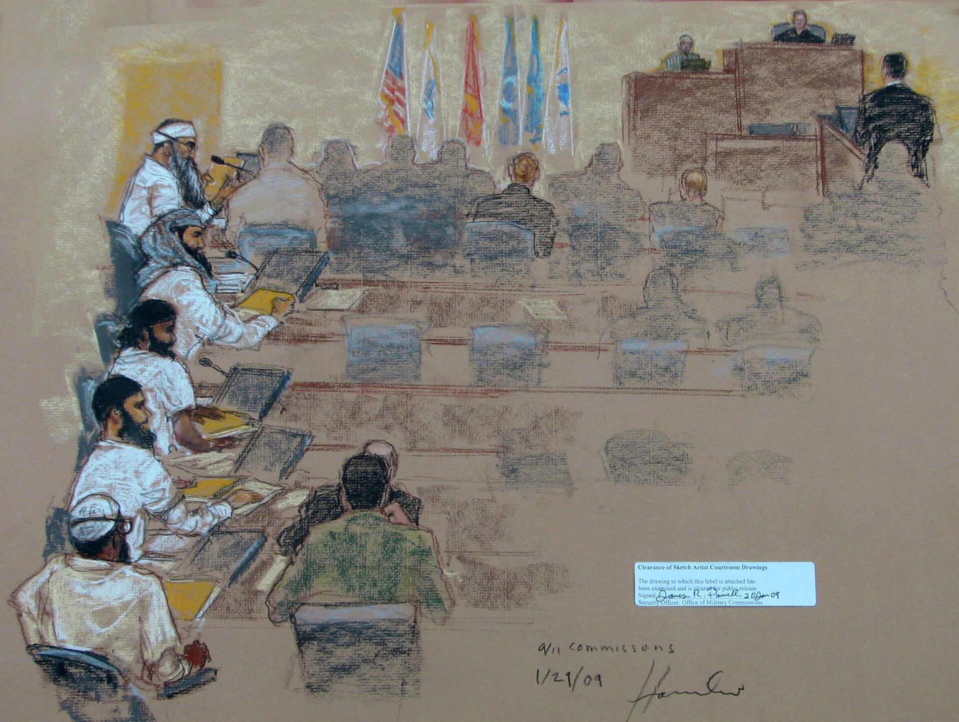 This Wednesday, Jan. 21, 2009 sketch reviewed by the U.S. military, shows, from top left, Khalid Shaikh Mohammad; Walid bin Attash; Ramzi bin al Shibh; Ali Abdul Aziz Ali, also known as Ammar al Baluchi, and Mustafa al Hawsawi attend a hearing at the U.S. Military Commissions court for war crimes at the U.S. Naval Base in Guantanamo Bay, Cuba. On Friday, Aug. 30, 2019, a military judge set Jan. 11, 2021 for the start of the long-stalled war crimes trial of the five men being held at the Guantanamo Bay prison on charges of planning and aiding the Sept. 11 terrorist attacks - Sputnik International, 1920, 15.03.2022