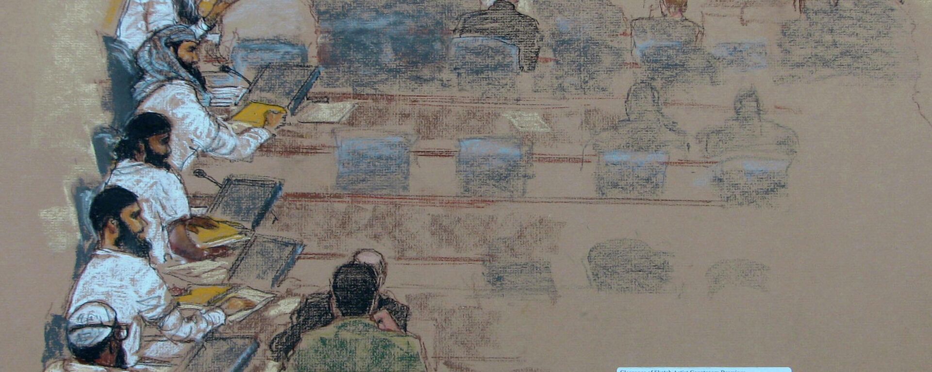 This Wednesday, Jan. 21, 2009 sketch reviewed by the U.S. military, shows, from top left, Khalid Shaikh Mohammad; Walid bin Attash; Ramzi bin al Shibh; Ali Abdul Aziz Ali, also known as Ammar al Baluchi, and Mustafa al Hawsawi attend a hearing at the U.S. Military Commissions court for war crimes at the U.S. Naval Base in Guantanamo Bay, Cuba. On Friday, Aug. 30, 2019, a military judge set Jan. 11, 2021 for the start of the long-stalled war crimes trial of the five men being held at the Guantanamo Bay prison on charges of planning and aiding the Sept. 11 terrorist attacks - Sputnik International, 1920, 03.08.2024