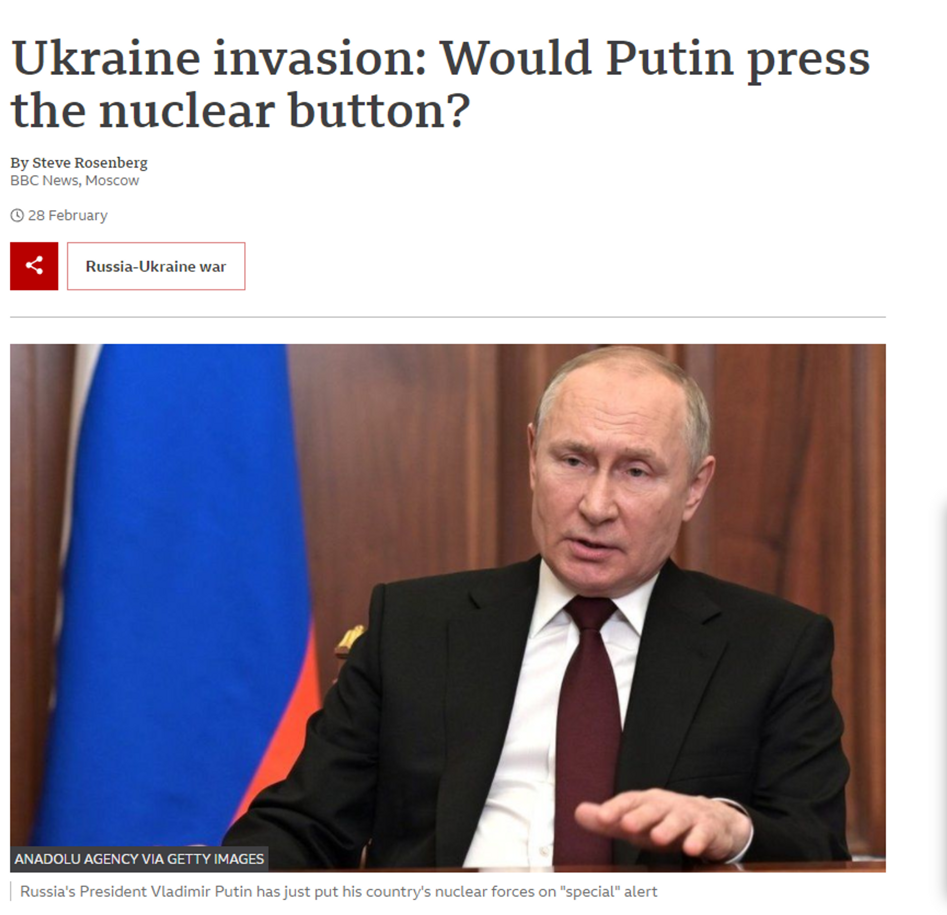A BBC headline: Would Putin press the nuclear button? - Sputnik International, 1920, 15.03.2022