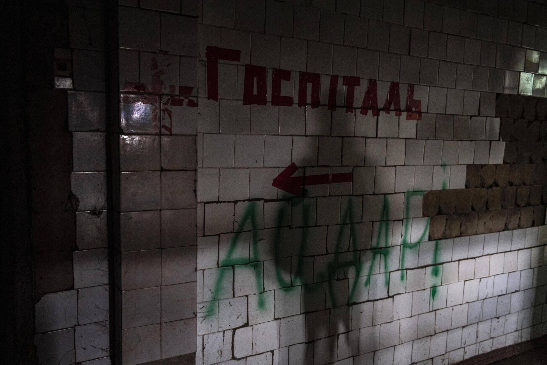 Sign reading Hospital and spraypainted word Aidar! on the walls of the abandoned sausage factory. - Sputnik International, 1920, 17.03.2022