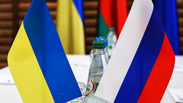 Flags are seen on a table before Russian-Ukrainian talks, in Belarus. - Sputnik International