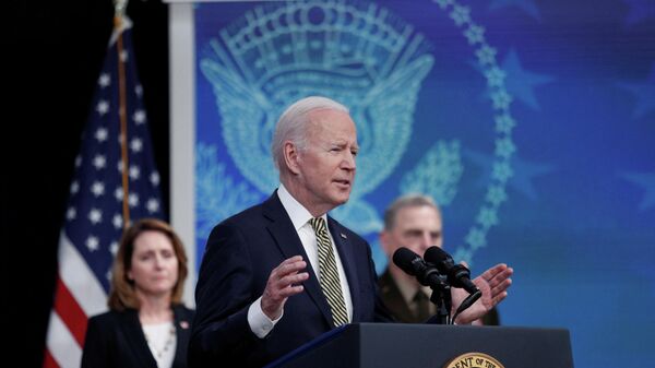 U.S. President Joe Biden speaks about assistance the U.S. government is providing to Ukraine amid Russia's invasion of the neighboring country, in the Eisenhower Office Building's South Court Auditorium at the White House in Washington, U.S., March 16, 2022. - Sputnik International