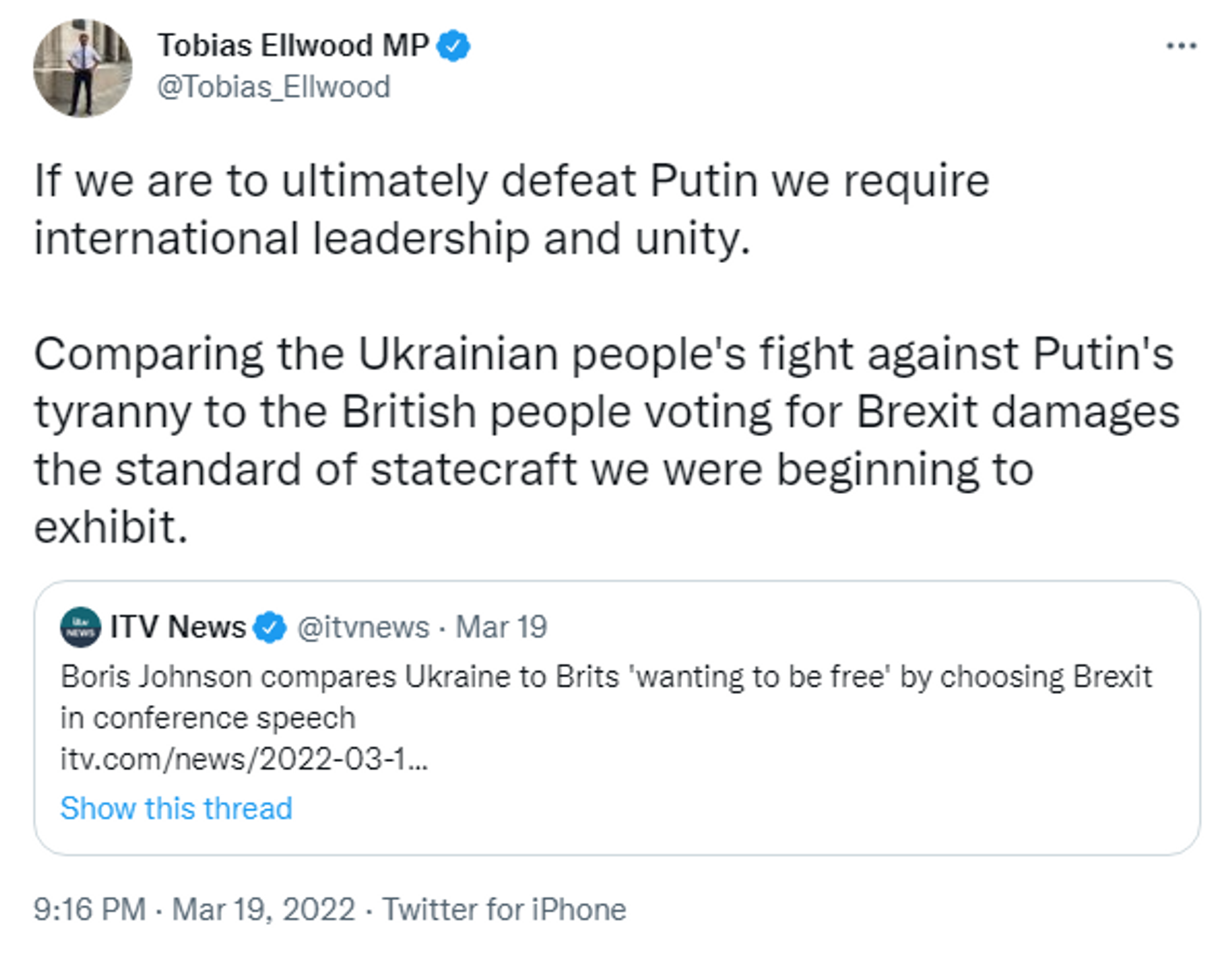 Tweet by Conservative MP Tobias Ellwood attacking Prime Minister Boris Johnson's comparison of the Ukraine crisis to Brexit - Sputnik International, 1920, 21.03.2022