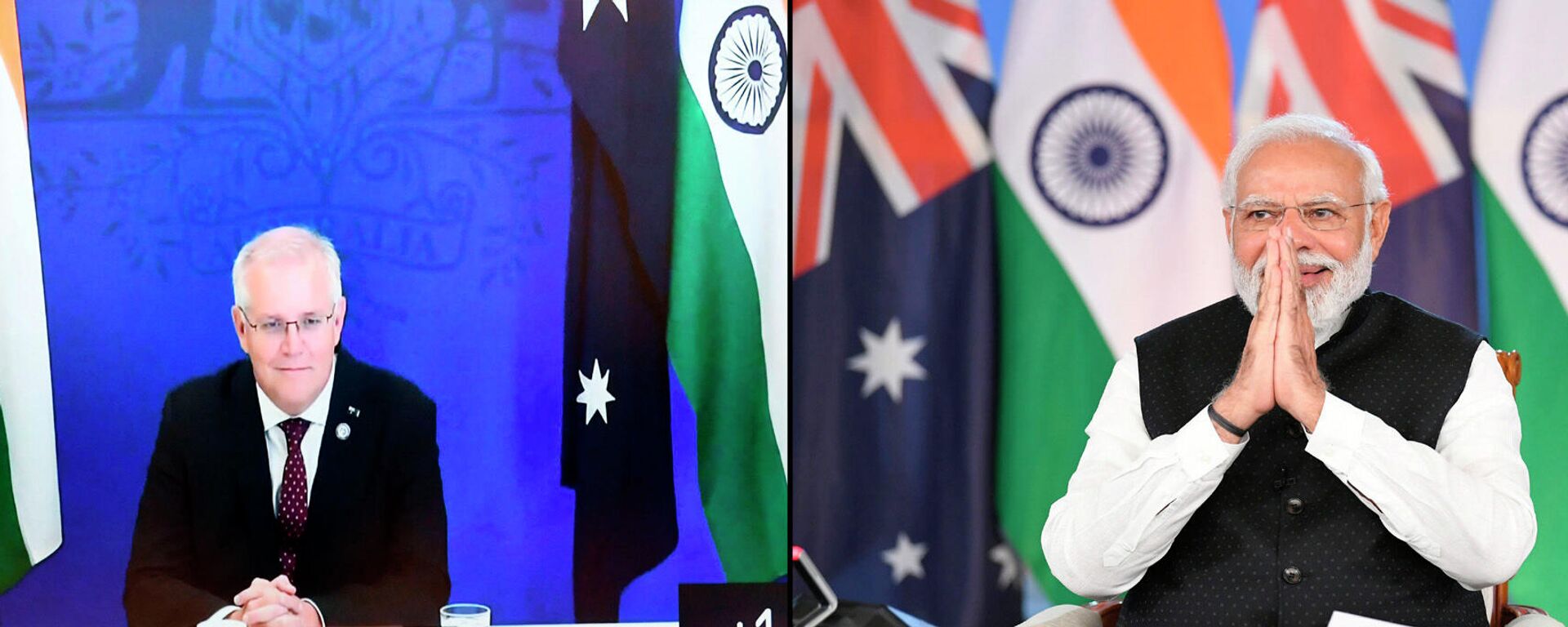 A photograph released by India's Press Information Bureau shows Indian Prime Minister Narendra Modi during a virtual summit with Australian Prime Minister Scott Morrison (unseen) on 21 March 2022 - Sputnik International, 1920, 30.09.2022