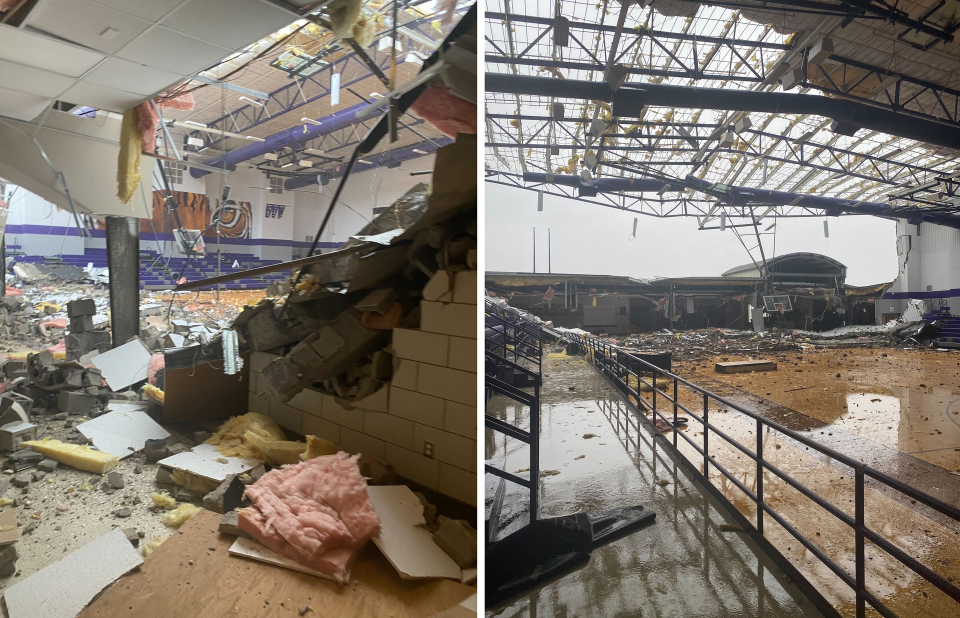 A side-by-side image shows a portion of the damage sustained in the Jacksboro High School gymnasium following a severe weather system that produced at least one tornado (March 21, 2022)   - Sputnik International, 1920, 22.03.2022