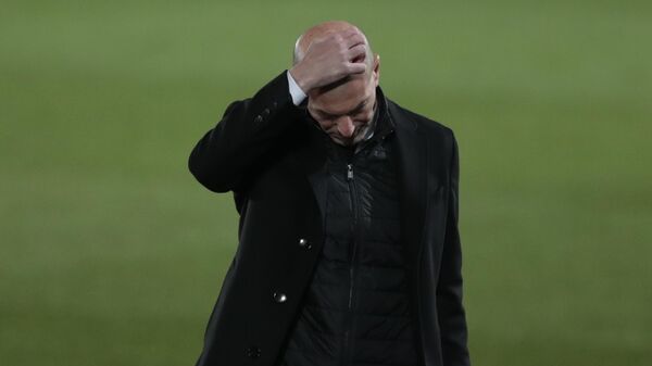 Real Madrid's head coach Zinedine Zidane waits for the start of the Spanish La Liga soccer match between Real Madrid and Real Sociedad at Alfredo di Stefano stadium in Madrid, Spain, Monday, March 1, 2021 - Sputnik International