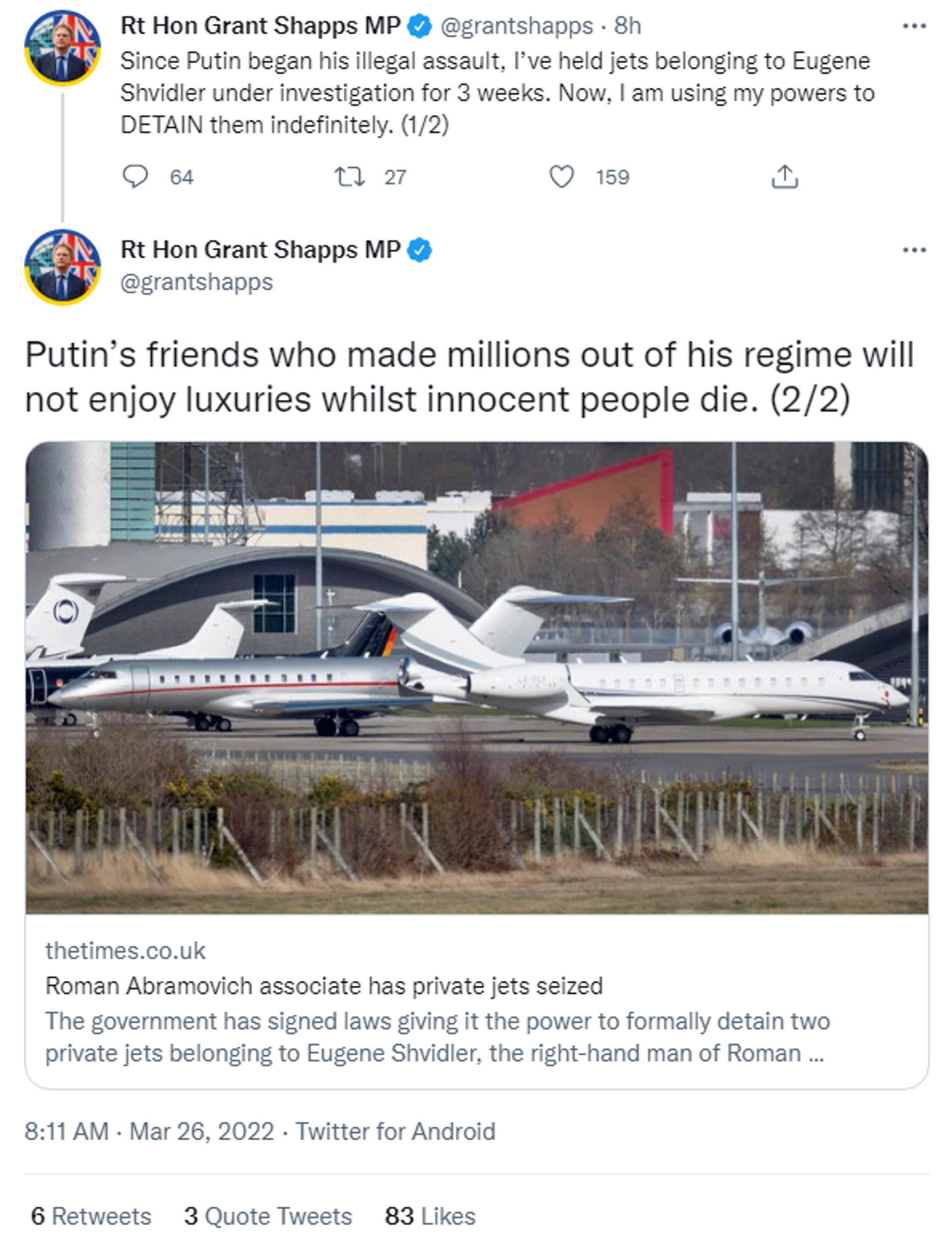 Tweet by UK Transport Secretary Grant Shapps boasting that he has seized two private jets belonging to Russian businessman Eugene Shivdler - Sputnik International, 1920, 26.03.2022