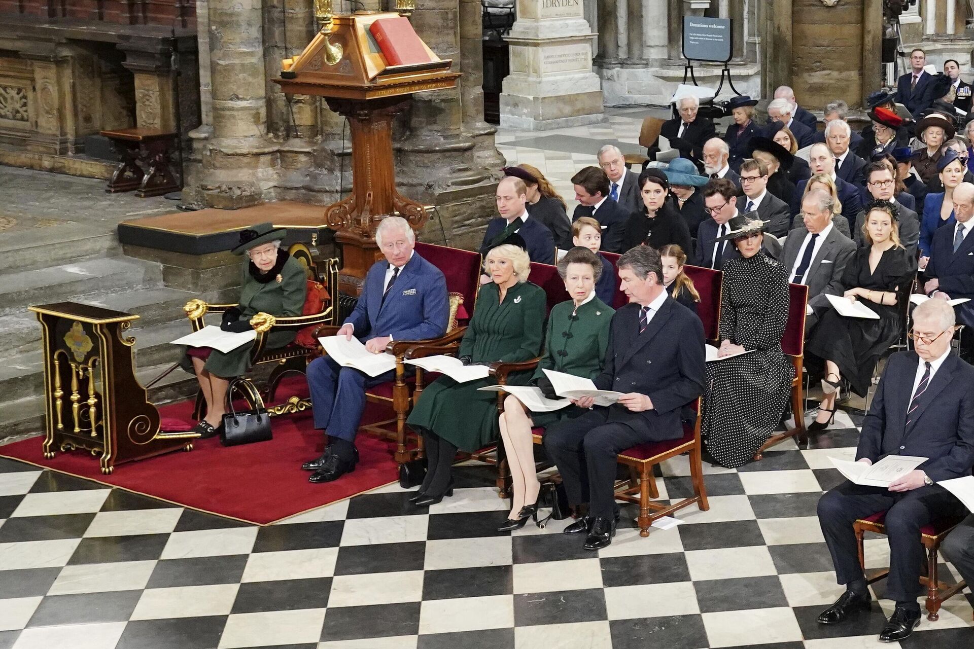 Front row from left, Britain's Queen Elizabeth II, Britain's Prince Charles, Camilla, Duchess of Cornwall, Britain's Princess Anne, Tim Laurence, and Britain's Prince Andrew, attend a Service of Thanksgiving for the life of Prince Philip, Duke of Edinburgh at Westminster Abbey in London, Tuesday, March 29, 2022 - Sputnik International, 1920, 13.06.2022