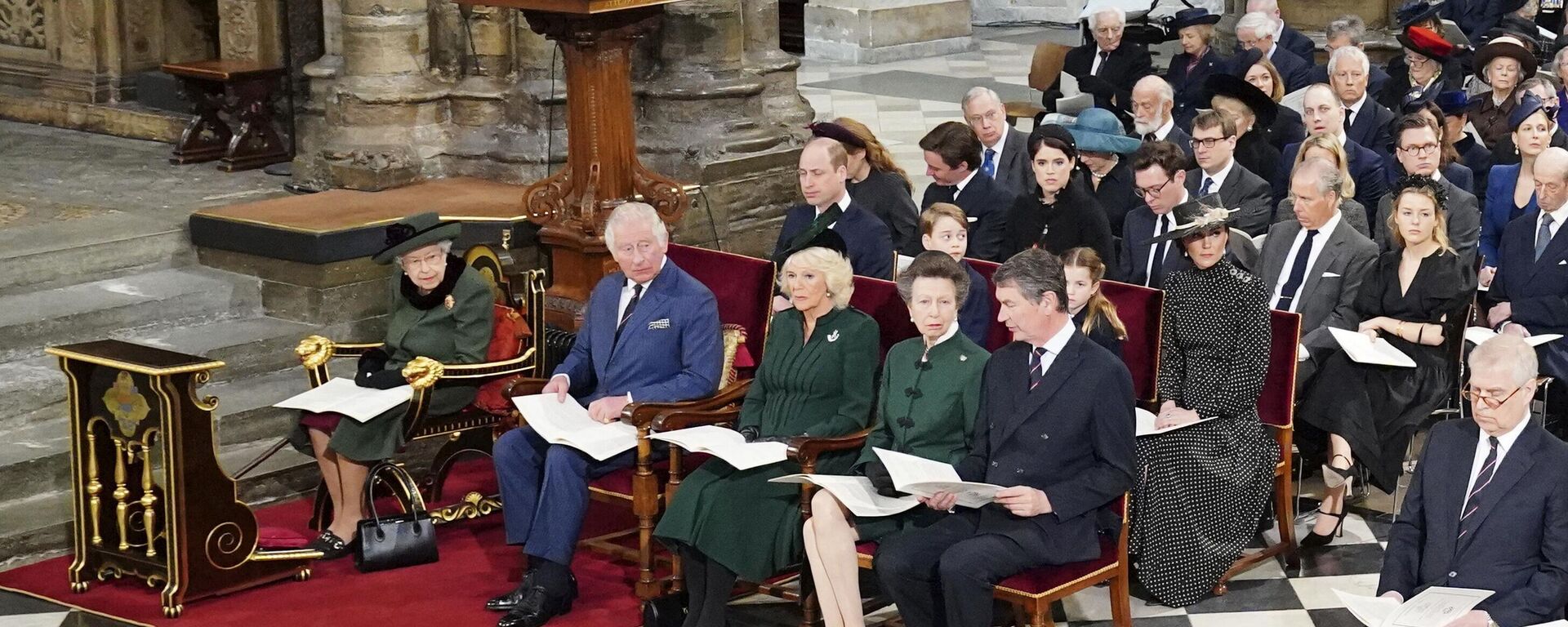 Front row from left, Britain's Queen Elizabeth II, Britain's Prince Charles, Camilla, Duchess of Cornwall, Britain's Princess Anne, Tim Laurence, and Britain's Prince Andrew, attend a Service of Thanksgiving for the life of Prince Philip, Duke of Edinburgh at Westminster Abbey in London, Tuesday, March 29, 2022 - Sputnik International, 1920, 29.03.2022