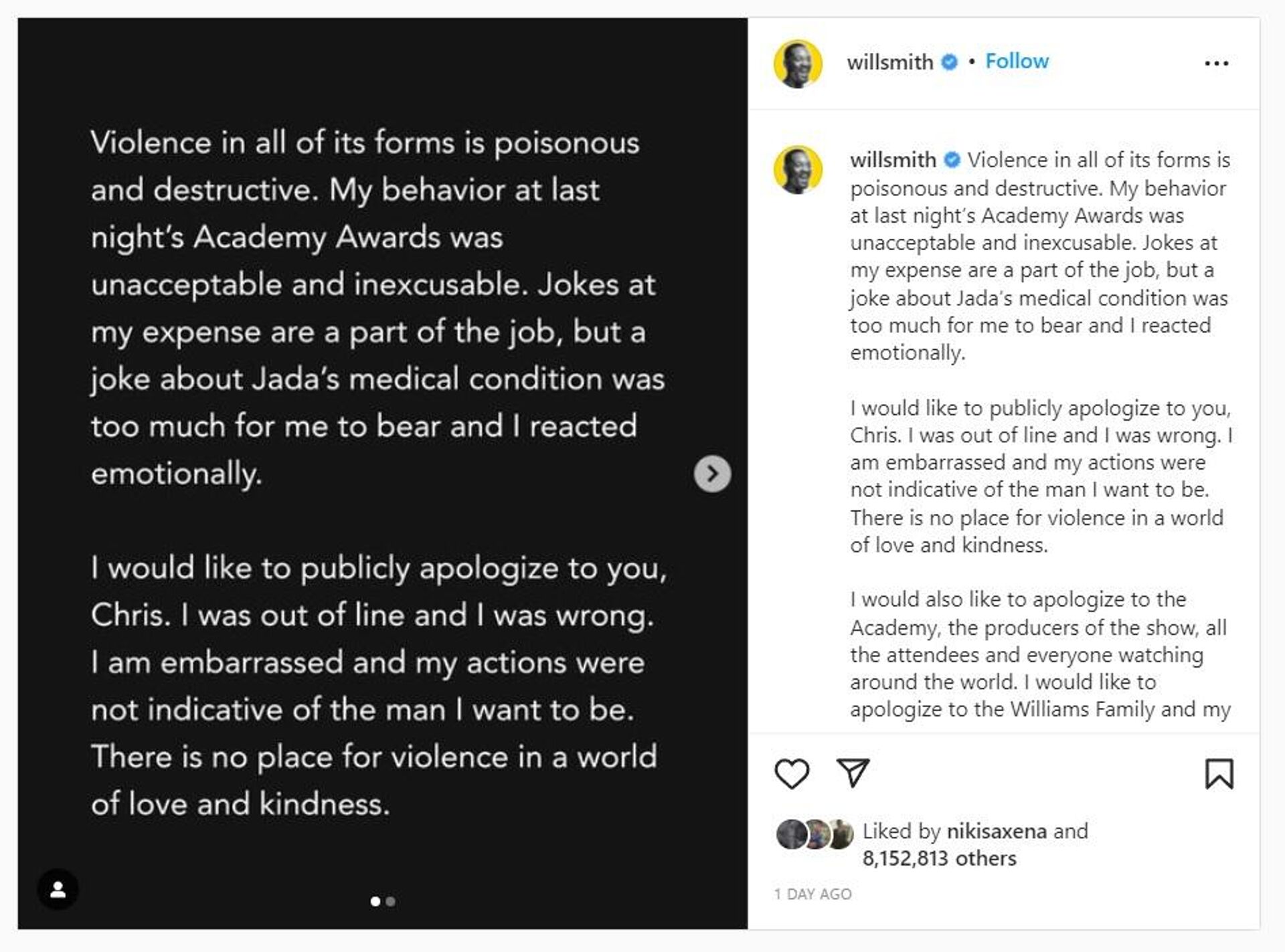 Screenshot of Will Smith's Instagram Post, apologising for slapping Oscar host, comedian Chris Rock  - Sputnik International, 1920, 30.03.2022