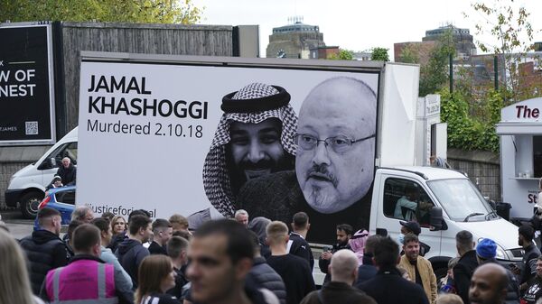 A van with a protest poster highlights Saudi human rights violations, including the 2018 killing of journalist Jamal Khashoggi in the Saudi Consulate in Istanbul outside the ground before an English Premier League soccer match between Newcastle and Tottenham Hotspur at St. James' Park in Newcastle, England, Sunday Oct. 17, 2021.  - Sputnik International