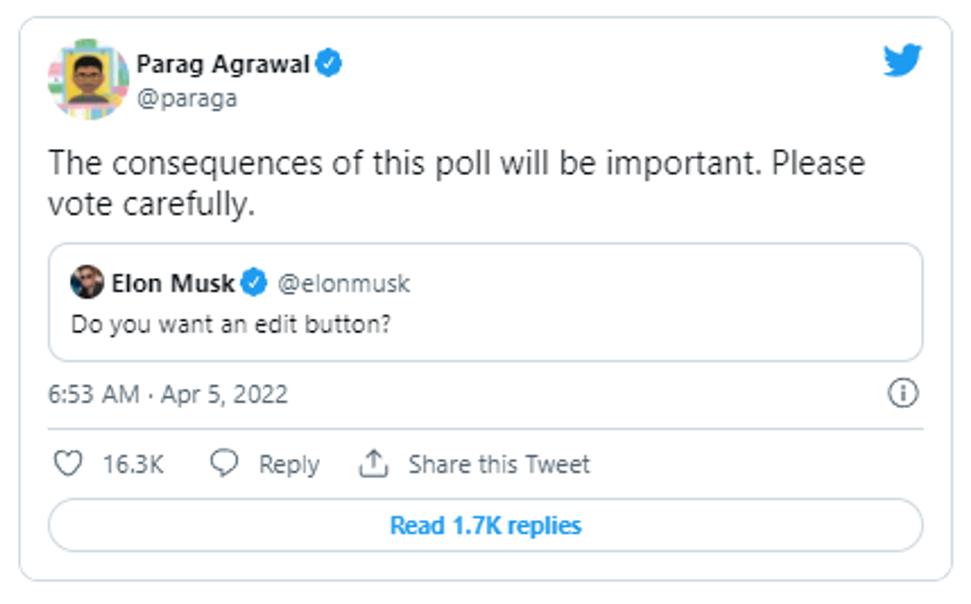 Twitter CEO Parag Agrawal reacts to Elon Musk holding poll on having 'Edit Button' on site - Sputnik International, 1920, 05.04.2022