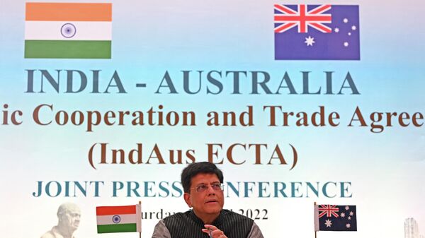 India’s Commerce Minister Piyush Goyal addresses a joint press conference after taking part in the virtual signing ceremony of the India-Australia economic cooperation and trade agreement with Australian Trade Minister Dan Tehan, in New Delhi on April 2, 2022 - Sputnik International