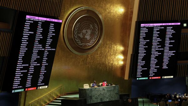 Displays show the list of countries taking part in voting on suspending Russia from United Nations Human Rights Council during  an emergency special session of the U.N. General Assembly on Russia's invasion of Ukraine, at the United Nations headquarters in New York City, New York, U.S. April 7, 2022. - Sputnik International