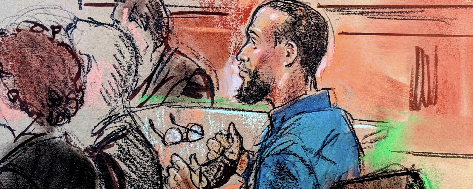 El Shafee Elsheikh, a former British national accused of engaging in lethal hostage-taking and conspiracy to commit murder as an alleged member of an Islamic State cell nicknamed the Beatles that operated in Syria and Iraq, takes off his face mask and glasses for identification purposes as he attends testimony in his trial in U.S. federal court in Alexandria, Virginia, U.S. April 1, 2022. - Sputnik International, 1920, 08.04.2022