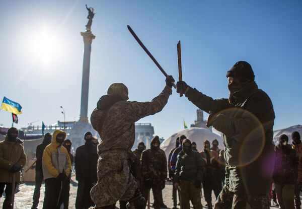2014: Kiev. Hand-to-hand combat training by fighters from the Right Sector, a neo-Nazi political and paramilitary group, in a tent camp on Maidan Nezalezhnosti (Kiev’s Independence Square).* A radical movement of Ukrainian ultranationalists whose activities are banned in Russia. - Sputnik International