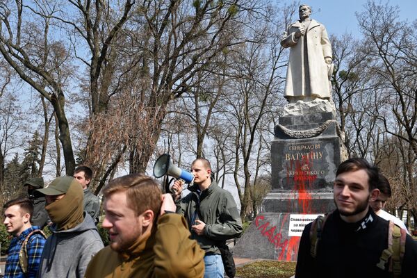 2018: Kiev. Monument and grave of General Nikolai Vatutin, the Red Army commander mortally wounded in 1944 in an ambush by the OUN militants. Neo-Nazis from S14, a youth organization of the neo-fascist Svoboda Party, known for its violent attacks on gypsies, Russians, left-wing activists, women’s day marchers, and others, covered the monument with red paint. ‘S14’ is a reference to the Fourteen Words slogan of American white supremacist David Lane. The Vatutin monument was demolished in 2019. - Sputnik International
