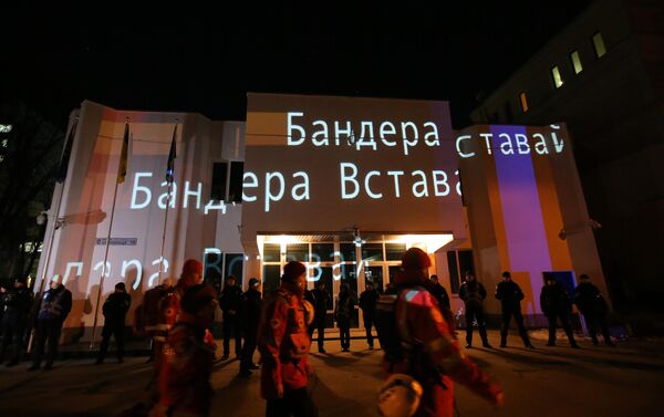 2019: Kiev. Event by ultranationalists, with the text ‘Bandera Arise’ projected on the walls of the Ukrainian Ministry of Internal Affairs building. - Sputnik International