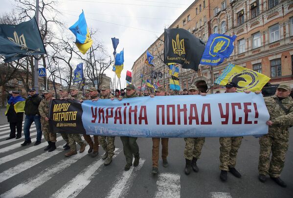 2020: Kiev. ‘Ukraine Above All Else’ – a slogan used by Ukrainian nationalists on a poster carried during a demonstration. Deutschland Uber Alles (‘Germany Above All Else’) served as the slogan of the Nazis. This line, written by German poet August Heinrich Hoffmann (1798-1874) became the first stanza of the anthem of the Third Reich. - Sputnik International