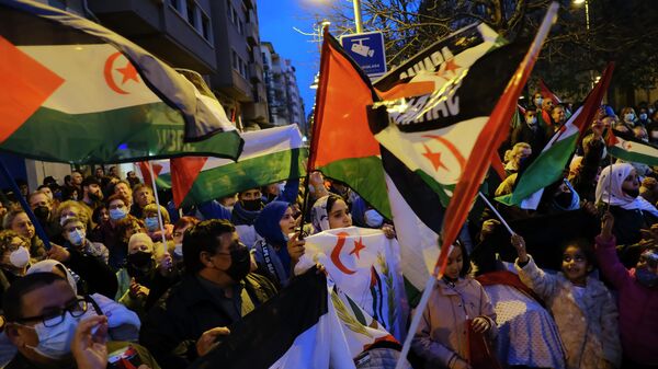 People waves Polisario Front waves while taking part in a demonstration in support of the Polisario Front and a free Sahara, in Pamplona, northern Spain, Wednesday, March 23, 2022.  - Sputnik International