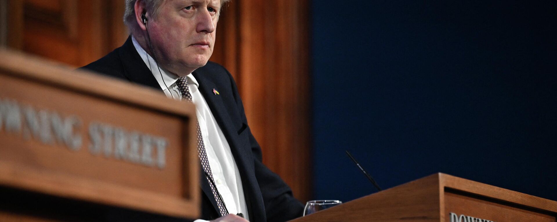 Britain's Prime Minister Boris Johnson speaks at a joint press conference with Germany's Chancellor Olaf Scholz inside the Downing Street briefing room following a bilateral meeting at 10 Downing Street, in London, on April 8, 2022 - Sputnik International, 1920, 14.04.2022