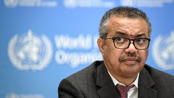 World Health Organization (WHO) Director-General Tedros Adhanom Ghebreyesus attends a ceremony to launch of a multiyear partnership with Qatar ahead of FIFA Football World Cup 2022 at the WHO headquarters in Geneva on October 18, 2021 - Sputnik International