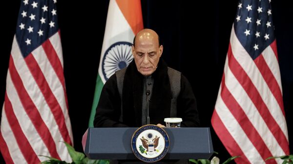 India’s Defense Minister Rajnath Singh participates in a joint news conference during the fourth US-India 2+2 Ministerial Dialogue at the State Department in Washington, DC, on April 11, 2022. - Sputnik International