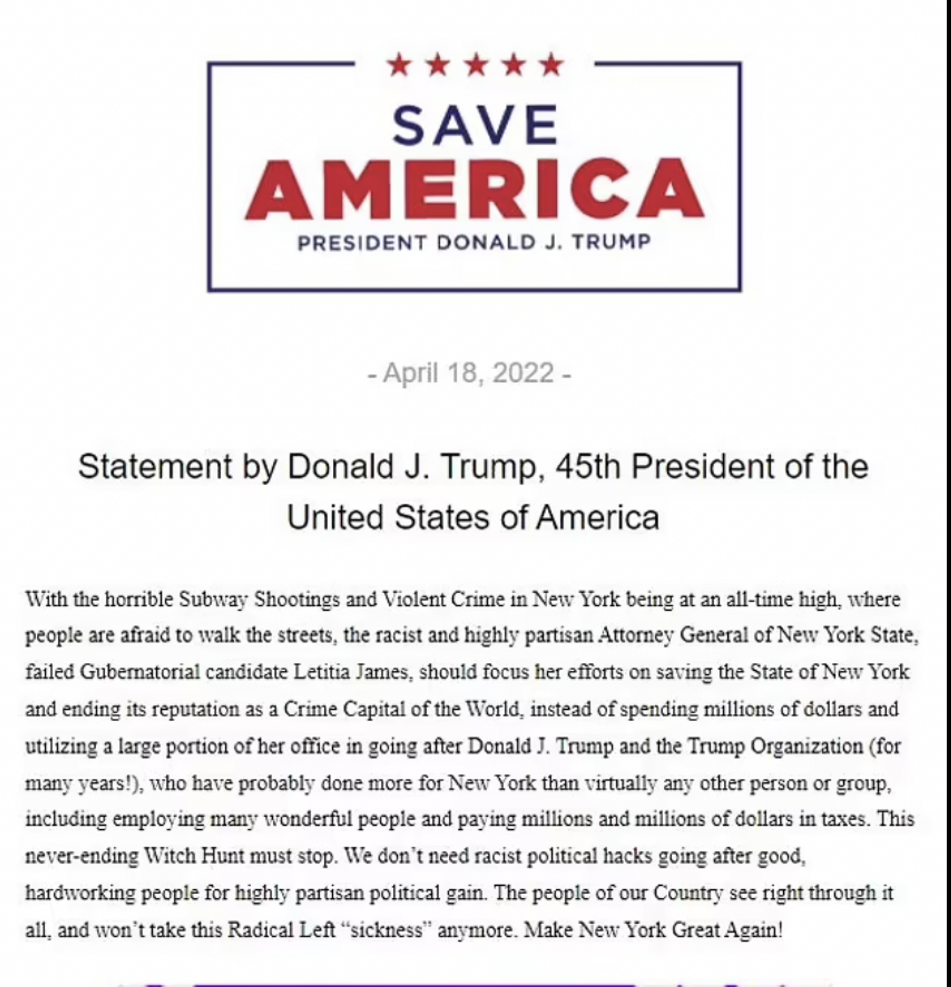 Statement by Donald J Trump about Attorney General Letitia James and her investigation  - Sputnik International, 1920, 19.04.2022