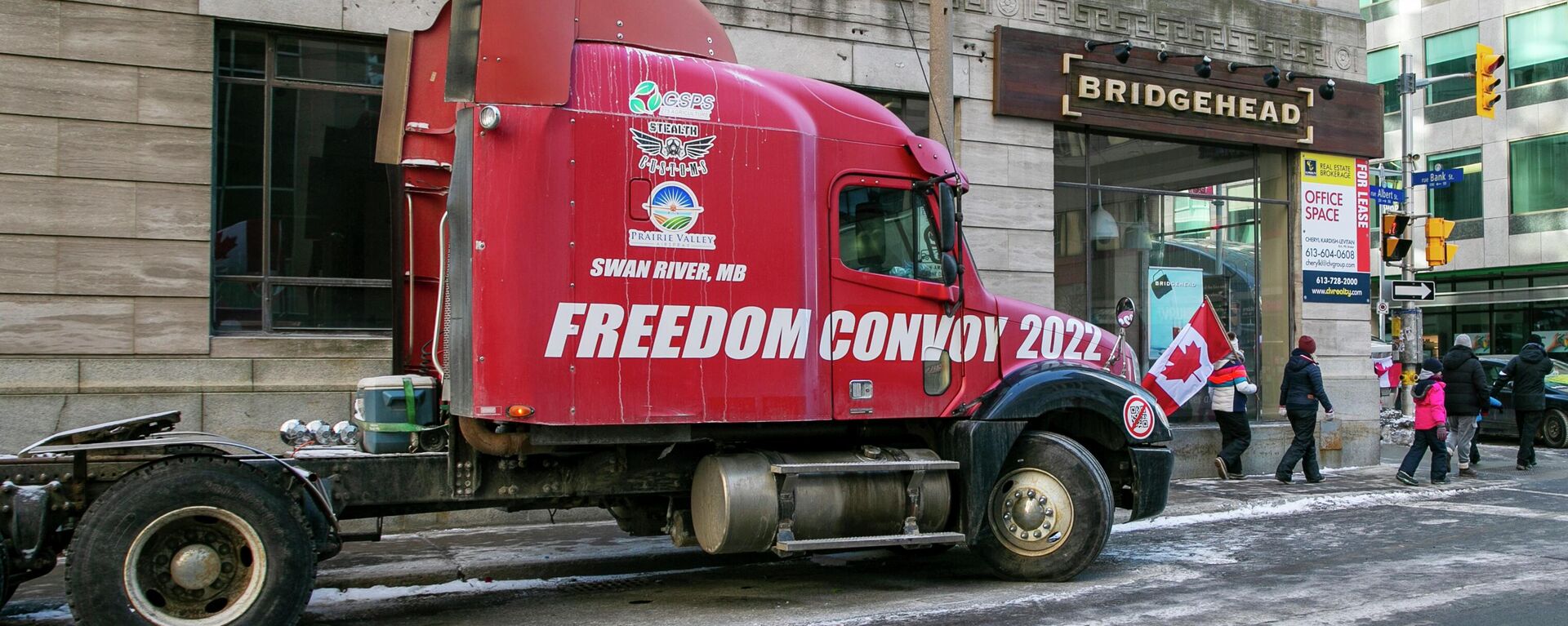 The words Freedom Convoy 2022 are visible on a truck that is part of a demonstration against COVID-19 restrictions in Ottawa, Ontario, Canada, on Sunday, Feb. 13, 2022. - Sputnik International, 1920, 24.01.2024