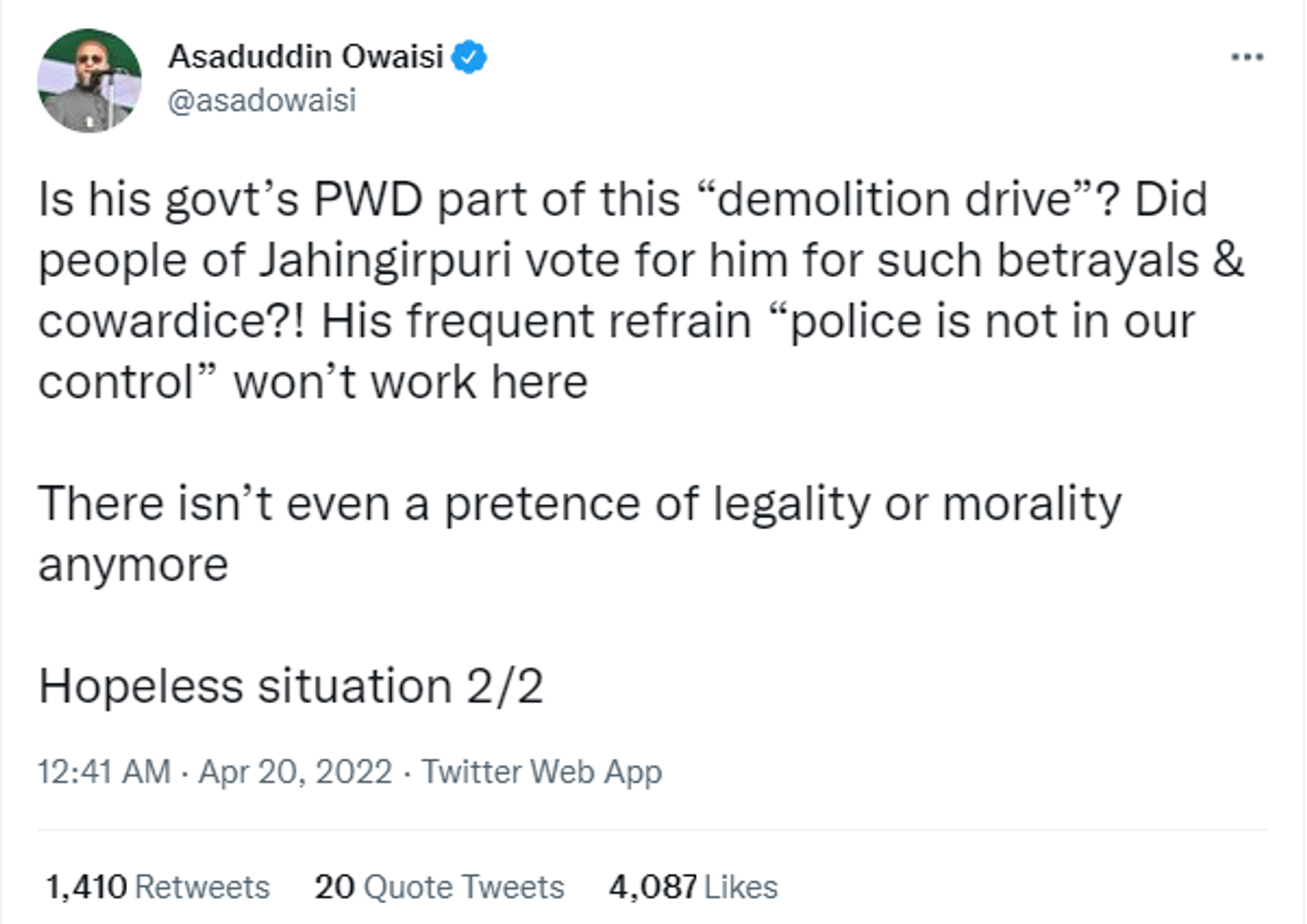 Asaduddin Owaisi Questions Delhi State Chief Arvind Kejriwal's Intention on Anti-Encroachment Drive in Jahangirpuri - Sputnik International, 1920, 20.04.2022