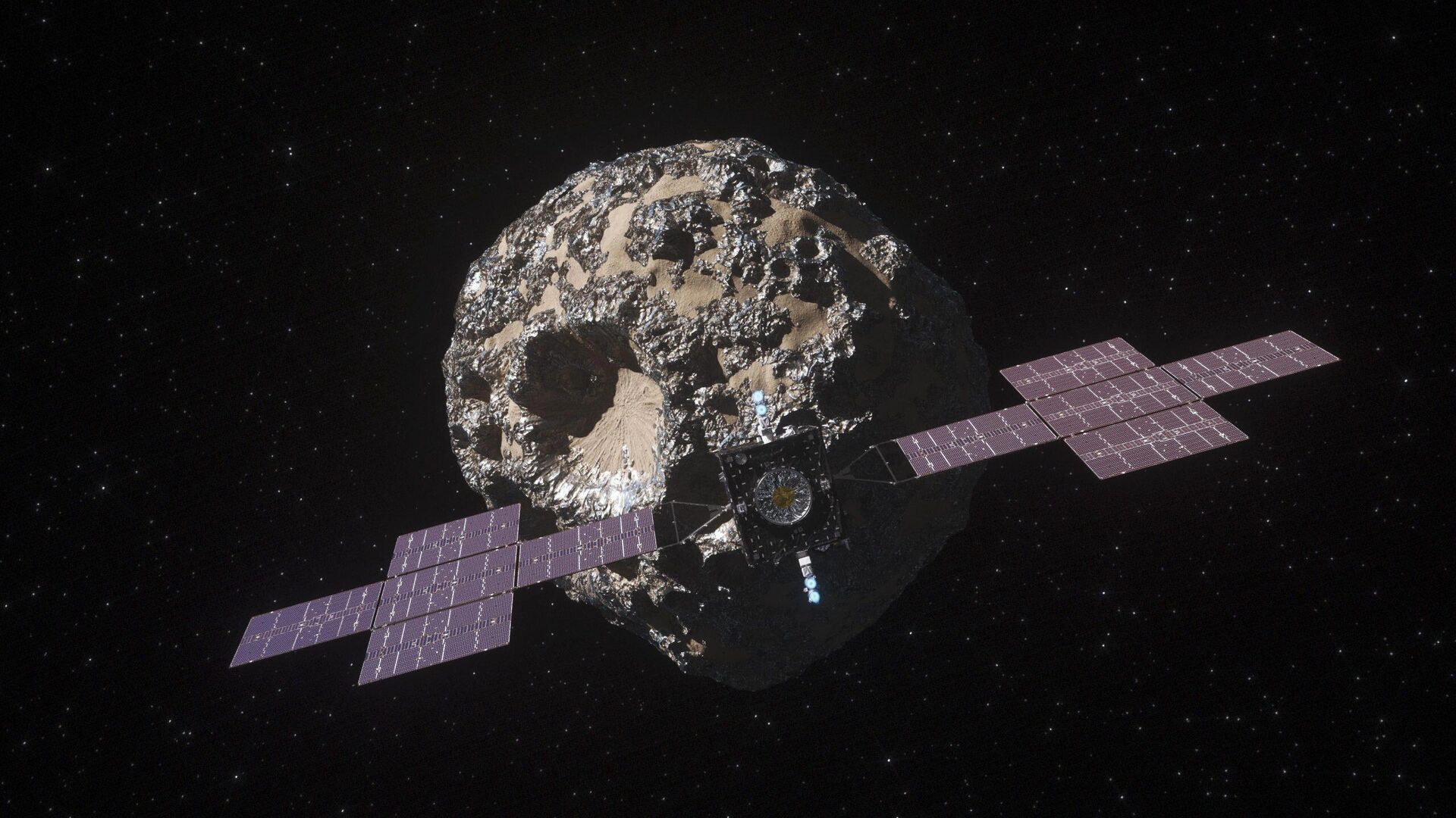 This illustration, updated as of March 2021, depicts NASA's Psyche spacecraft. Set to launch in August 2022, the Psyche mission will explore a metal-rich asteroid of the same name that lies in the main asteroid belt between Mars and Jupiter. The spacecraft will arrive in early 2026 and orbit the asteroid for nearly two years to investigate its composition.

 - Sputnik International, 1920, 21.04.2022
