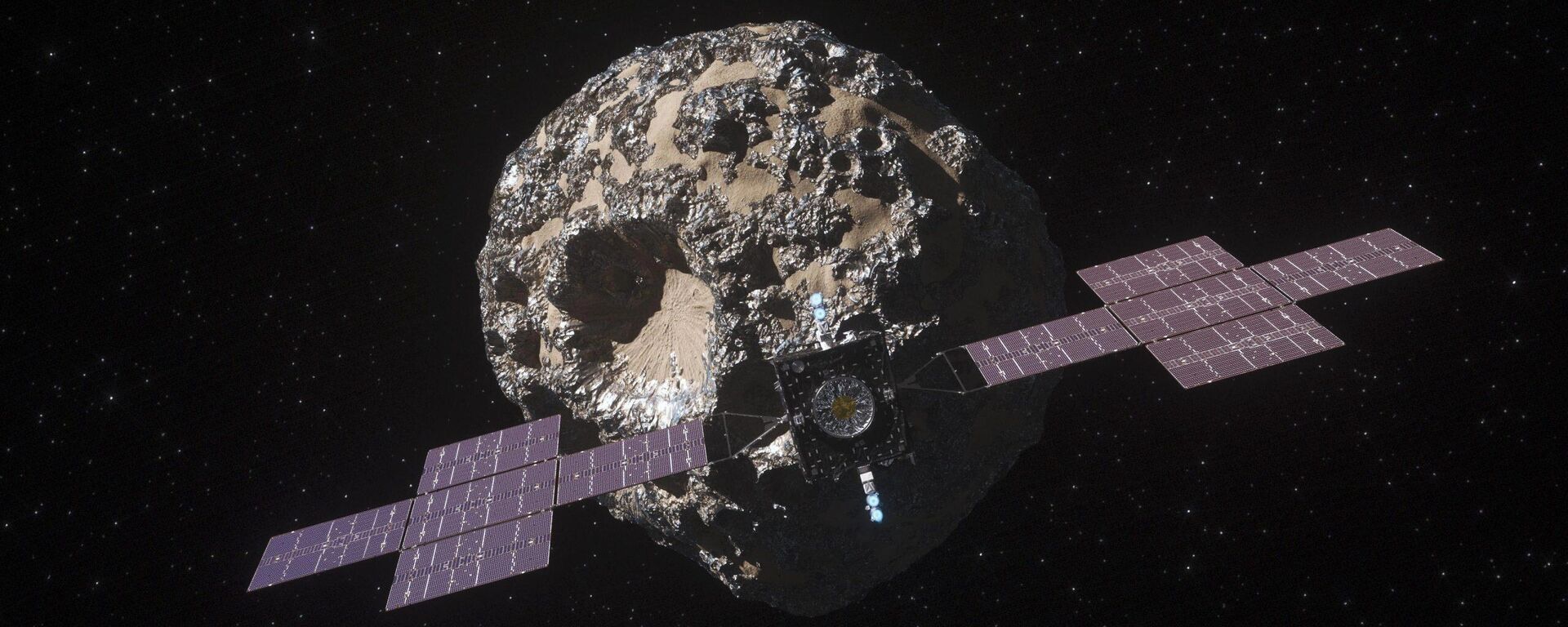 This illustration, updated as of March 2021, depicts NASA's Psyche spacecraft. Set to launch in August 2022, the Psyche mission will explore a metal-rich asteroid of the same name that lies in the main asteroid belt between Mars and Jupiter. The spacecraft will arrive in early 2026 and orbit the asteroid for nearly two years to investigate its composition.

 - Sputnik International, 1920, 17.08.2022