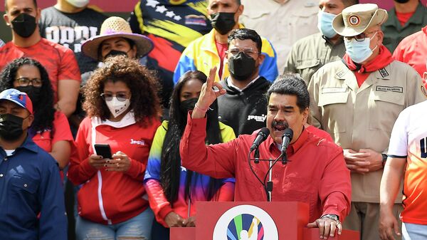 Venezuela's President Nicolas Maduro gives a speech commemorating the 20th anniversary of Hugo Chavez's return to power after a failed coup in 2002, in Caracas, Venezuela, Wednesday, April 13, 2022. - Sputnik International