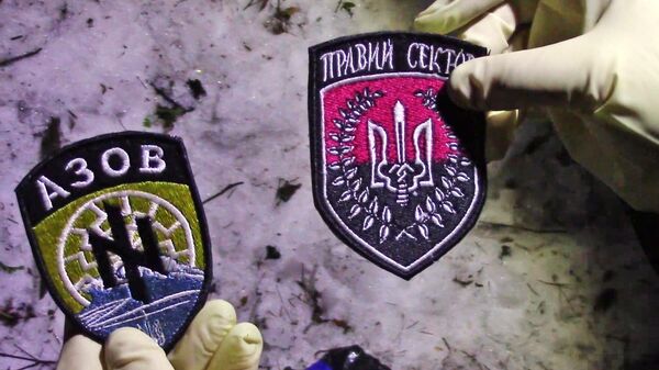 Insignia patches of the Azov Regiment (left) and the Right Sector (right) in a secreengrab of a Russian FSB video. File photo. - Sputnik International