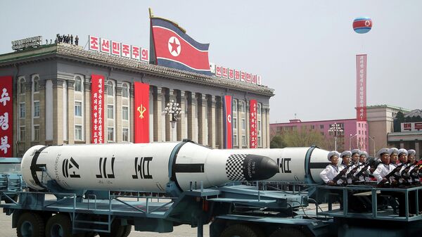A submarine-launched ballistic missile is displayed in Kim Il Sung Square during a military parade in Pyongyang, North Korea, April 15, 2017, to celebrate the 105th birth anniversary of Kim Il Sung, the country's late founder and grandfather of current ruler Kim Jong Un.  - Sputnik International