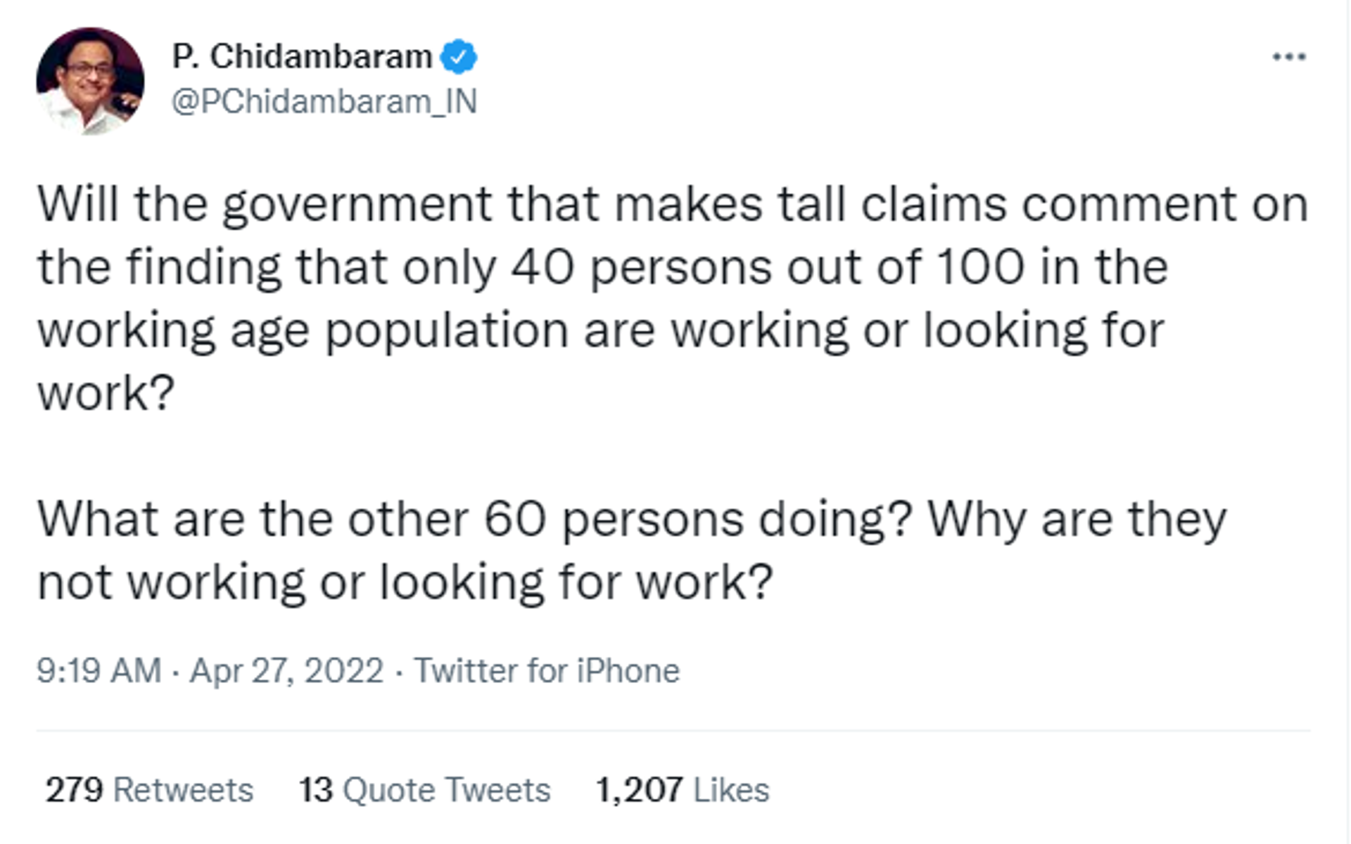 Former Finance Minister P. Chidambaram Slammed Modi over Shrinking Workforce in India - Sputnik International, 1920, 27.04.2022