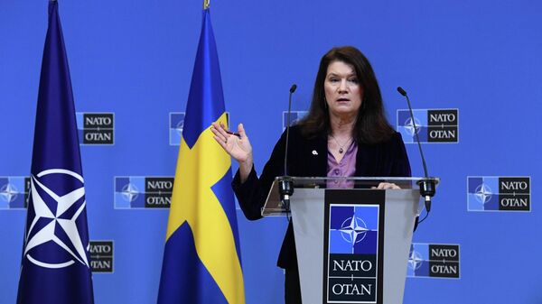 Sweden Foreign minister Ann Linde talks during a press conference with Finland Minister for Foreign Affairs and NATO Secretary General after their meeting at the Nato headquarters in Brussels on January 24, 2022. - Sputnik International