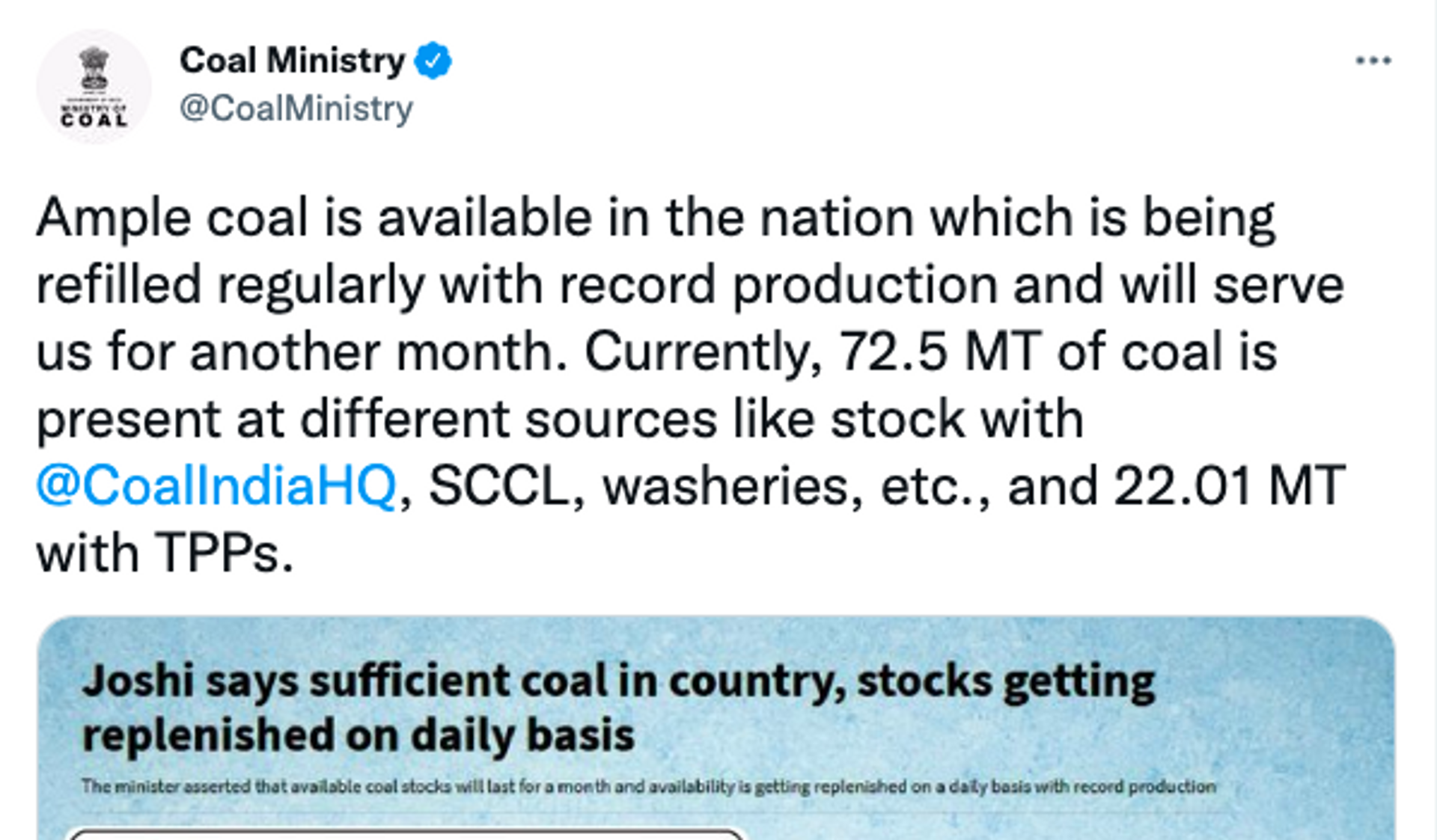Indian Coal Ministry Tweet  - Sputnik International, 1920, 29.04.2022
