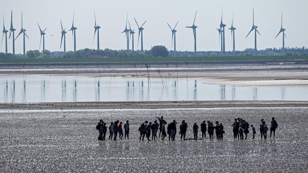 In this June 1, 2021 file photo, people explore the wadden sea at the island Norderney, Germany, in front of wind turbines, producing renewable energy. - Sputnik International