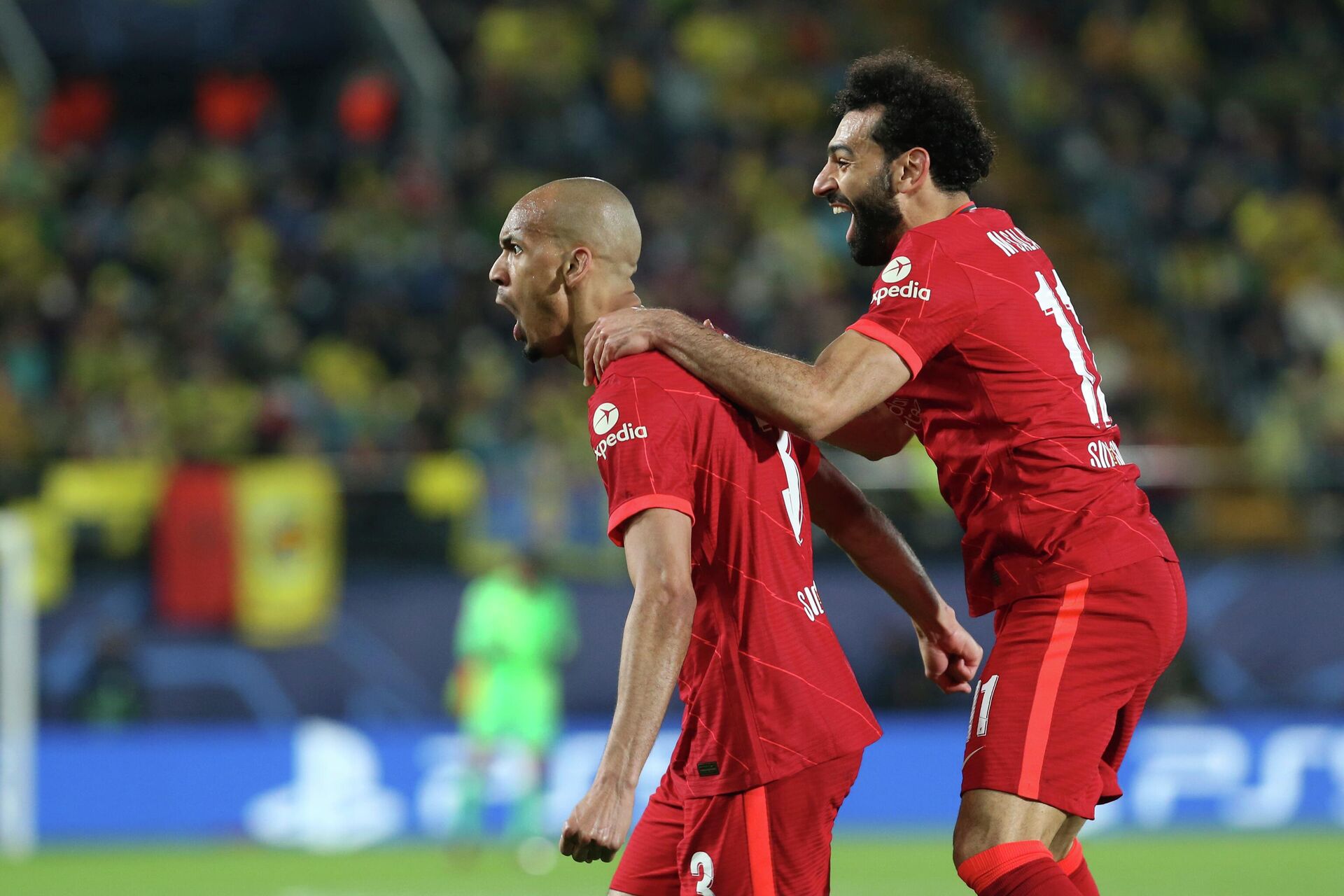 Liverpool's Fabinho celebrates after scoring his side's opening goal during the Champions League semi final, second leg soccer match between Villarreal and Liverpool at the Ceramica stadium in Villarreal, Spain, Tuesday, May 3, 2022.  - Sputnik International, 1920, 03.05.2022