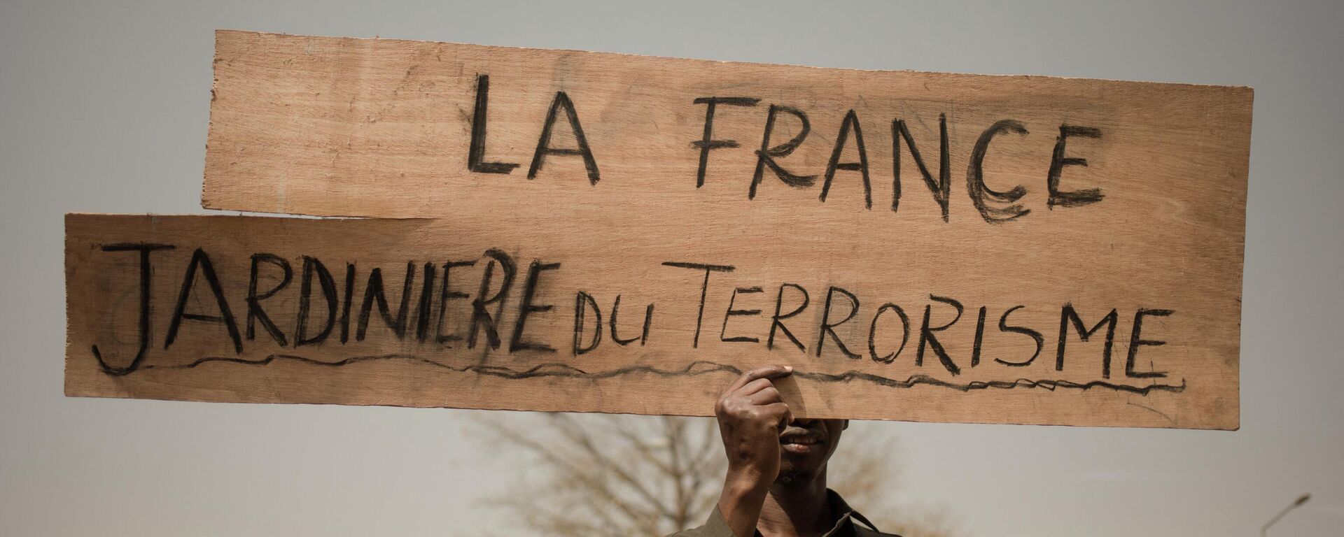 A protester holds a placard reading France, gardener of terrorism  during a demonstration organised by the pan-Africanst platform Yerewolo to celebrate France's announcement to withdraw French troops from Mali, in Bamako, on February 19, 2022 - Sputnik International, 1920, 05.05.2022