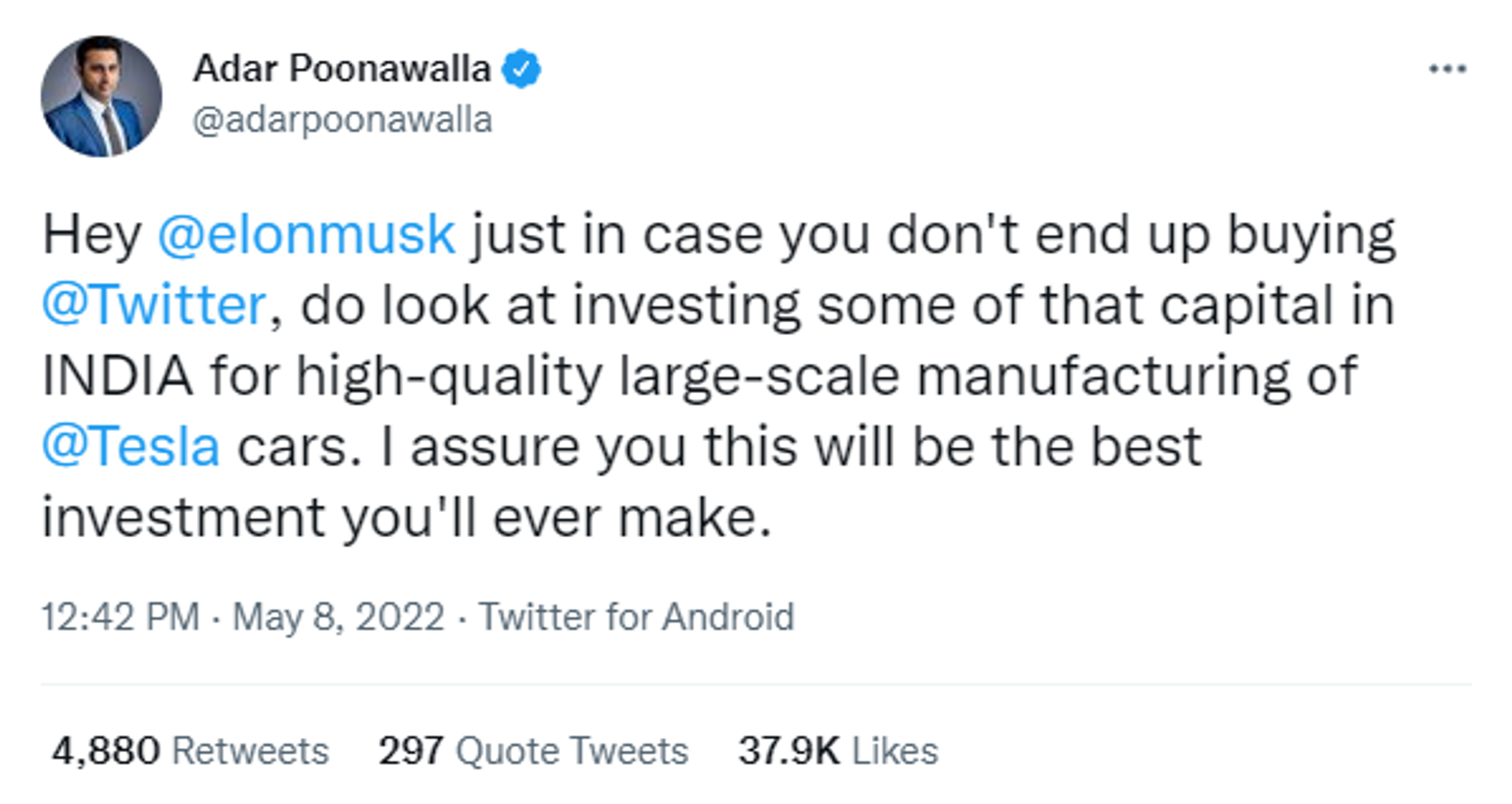Serum Institute of India CEO Adar Poonawalla Suggest Elon Musk to Invest in India - Sputnik International, 1920, 08.05.2022