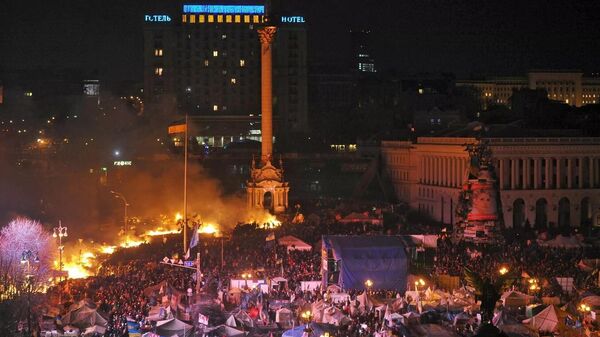 In the winter of 2014, violent clashes between protesters, including nationalists, and Ukrainian security forces broke out on Independence Square, known in Ukrainian as Maidan Nezalezhnosti, in Kiev. Photo: Tents of European integration supporters on Independence Square in Kiev, where clashes between the opposition and police broke out. 18 February 2014.
 - Sputnik International