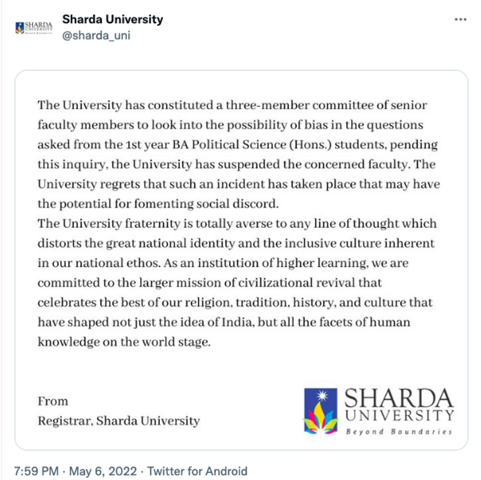 Sharda University Statement  - Sputnik International, 1920, 10.05.2022
