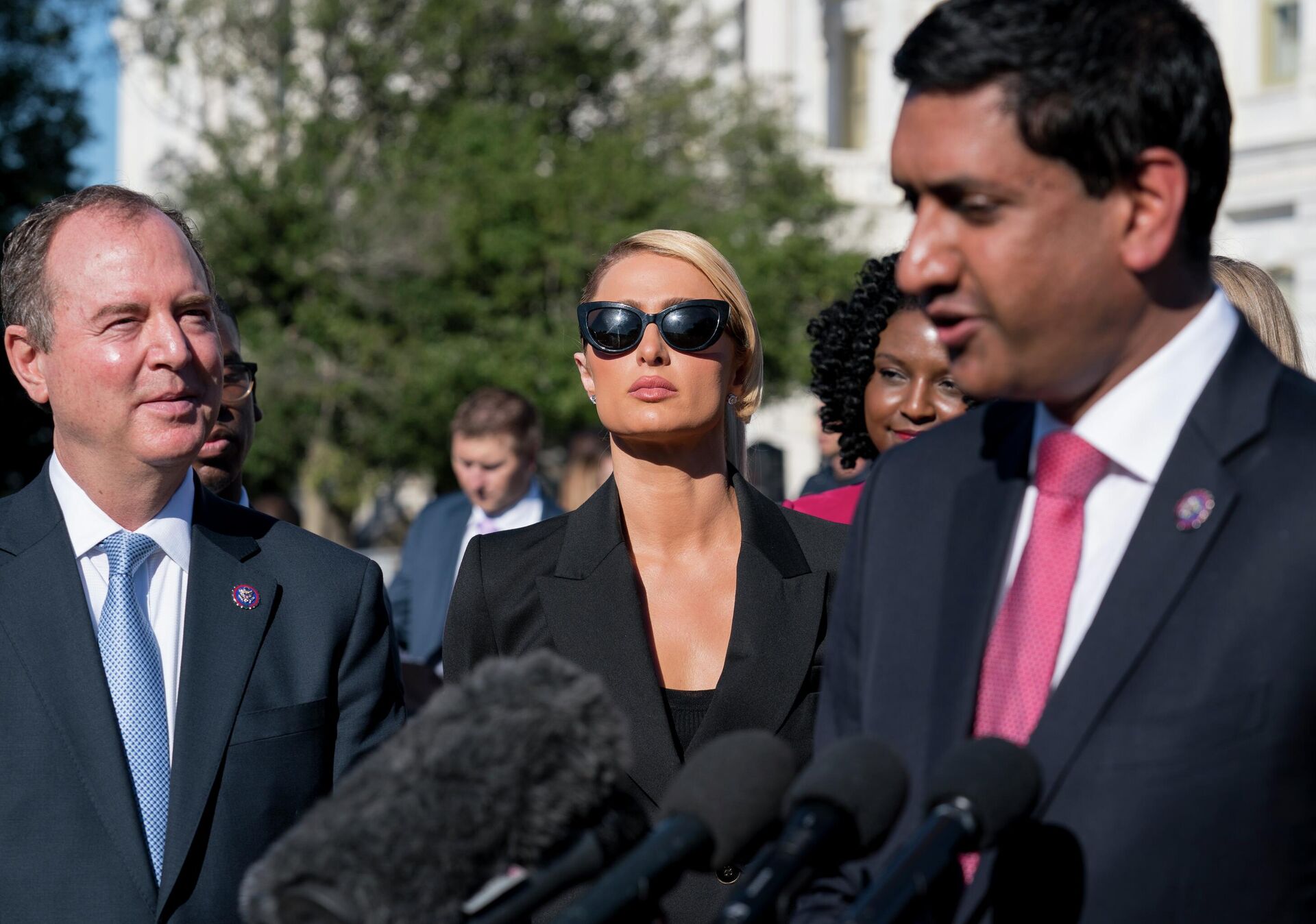 Hotel heiress and reality star Paris Hilton, flanked by House Intelligence Committee Chairman Adam Schiff, D-Calif., left, and Rep. Ro Khanna, D-Calif., lends her celebrity to support legislation to establish a bill of rights for children placed in congregate care facilities, at the Capitol on Wednesday, Oct. 20, 2021. Hilton says she was traumatized as a teenager when she was sent by her family to abusive care facilities. - Sputnik International, 1920, 10.05.2022