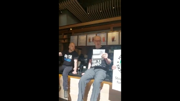 Screenshot captures the moment in which prominent actor James Cromwell is filmed participating in a protest at a New York Starbucks over the company's up-charge policy for non-dairy milk. - Sputnik International