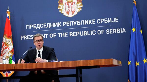 Serbian President Aleksandar Vucic addresses the nation at a news conference in Belgrade, Serbia, Friday, May 6, 2022.  - Sputnik International