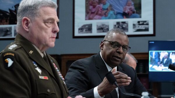 Secretary of Defense Lloyd Austin accompanied by Chairman of the Joint Chiefs of Staff Gen. Mark Milley testifies before the House Committee on Appropriations Subcommittee on Defense during a hearing for the Fiscal Year 2023 Department of Defense, on Capitol Hill in Washington, Wednesday, May 11, 2022. - Sputnik International