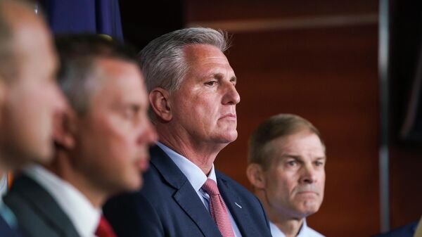 Now House Speaker Kevin McCarthy, R-Calif., center, joined at right by Rep. Jim Jordan, R-Ohio, pause during a news conference after former House Speaker Nancy Pelosi rejected two Republicans chosen for the committee investigating the Jan. 6 Capitol insurrection, Rep. Jim Banks, R-Ind., and Rep. Jordan, R-Ohio, at the Capitol in Washington, Wednesday, July 21, 2021. McCarthy is denouncing the decision as an egregious abuse of power, by Pelosi.  - Sputnik International