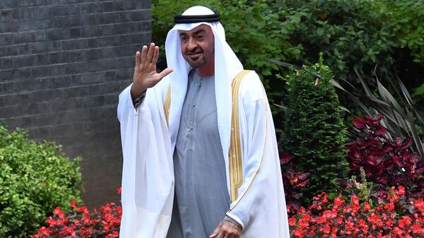 Then-Crown Prince of Abu Dhabi, Mohamed bin Zayed Al Nahyan gestures as he arrives for a meeting with  Britain's Prime Minister Boris Johnson at number 10, Downing Street in central London, on September 16, 2021. - Sputnik International